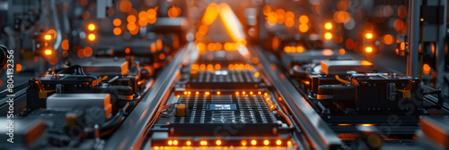 A high-angle view shows an electric vehicle battery production line in the factory, with rows of battery cells on conveyor belts being supported. photo