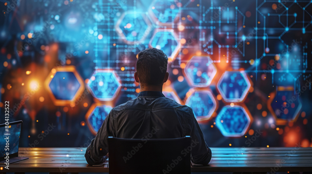 An individual sits at their desk, with an abstract collage of hexagonal shapes and colorful data points floating above them.