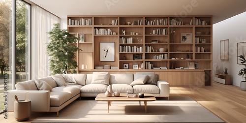 Interior of modern living room with beige walls, wooden floor,