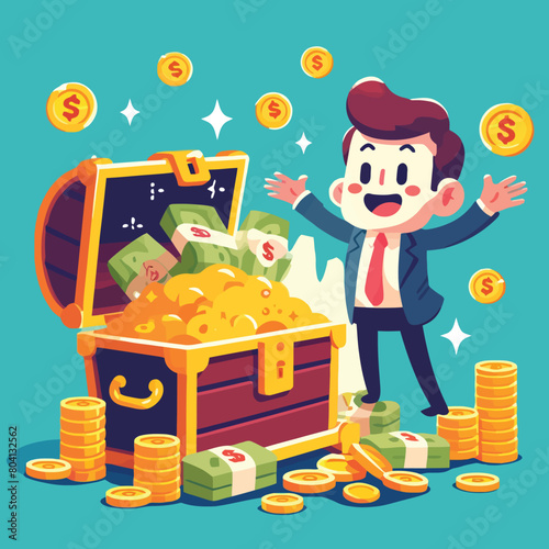 illustration of a businessman discovering a treasure chest filled with money and gold