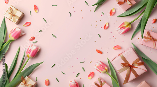 Card for International Womens Day gift boxes and tulip #804132588