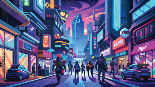 Futuristic City Streetscape with Pedestrians and Neon Lights