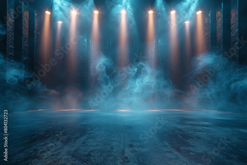 A stage is lit by spotlights against a background of dark blue light and fog.