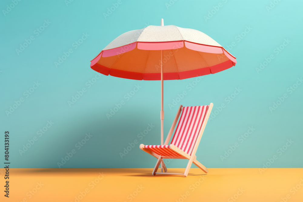 banner,Minimalistic summer setting with a striped lounge chair under a colorful umbrella on a sandy background, evoking a feeling of leisure.space for text banner,Minimalistic summer setting with a striped lounge chair under a colorful umbrella on a sandy background, evoking a feeling of leisure.space for text