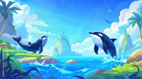 Cartoon seascape with jumping whales. Sunny day modern illustration with whale or orca tail splashing on water. Examining and observing the large cetacean animal in its natural environment. photo