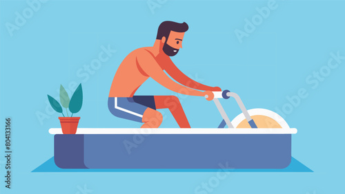A man sitting in a hot tub with his feet on a submerged stationary bike pedaling to improve cardiovascular endurance.. Vector illustration