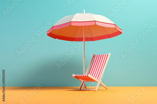 banner,Minimalistic summer setting with a striped lounge chair under a colorful umbrella on a sandy background, evoking a feeling of leisure.space for text