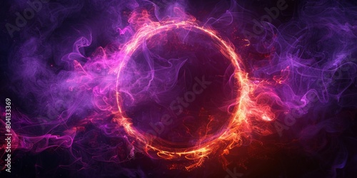 A glowing purple circle frame on a black backdrop is surrounded by light effects  energy swirls  and smoke.