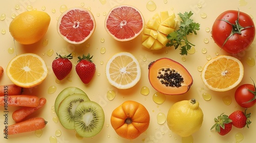 Some fruits and vegetables on a flat light yellow background  creative layout  bit wet  top view. Generative AI.