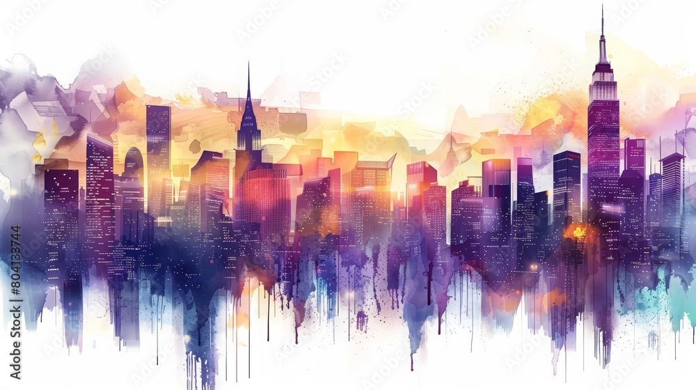 Obraz premium A creative futuristic charismatic watercolor painting capturing the brilliance of an ultramodern cityscape, hitech ultrafashionable clipart isolated on white background