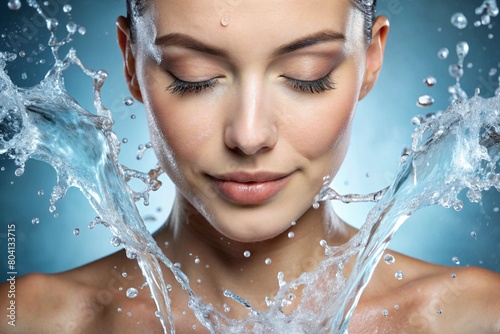 Splash of Refreshing Cleanser: A close-up of a person's face with a splash of refreshing facial cleanser or micellar water, symbolizing the purifying and cleansing effects of skincare.
 photo