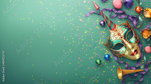 Carnival masks with party horns and beads for Mardi Grass