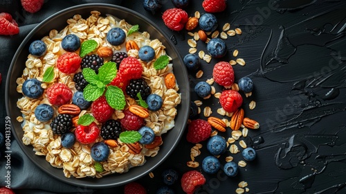 Oatmeal topped with fresh blueberries, raspberries, blackberries, pecans, and a sprig of mint, served in a bowl with granola on the side. Bright colors.