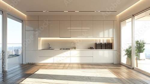 High-end open kitchen  minimalist  high floor  large area cabinets. Generative AI.