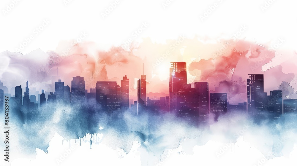 A creative futuristic charismatic watercolor painting capturing the brilliance of an ultramodern cityscape, hitech ultrafashionable clipart isolated on white background