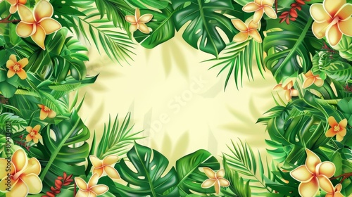 The jungle background includes a liana vine border frame, green leaves, and flowers with an empty space for text. The jungle background contains long creeping plant branches with vegetation as a