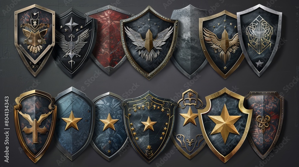 Naklejka premium Illustration of hexagonal scratched military badges decorated with metal stars and wings, winner award, medieval emblem, success symbol isolated on a white background.