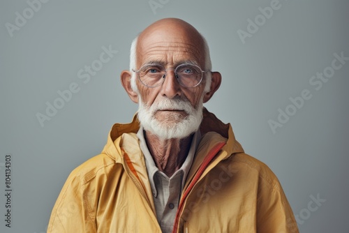 Portrait of a content indian elderly 100 years old man wearing a lightweight packable anorak in modern minimalist interior photo