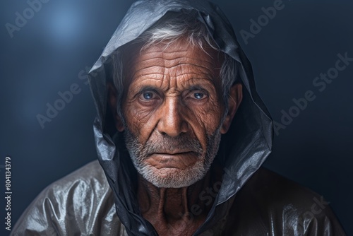 Portrait of a content indian elderly 100 years old man wearing a lightweight packable anorak over modern minimalist interior photo