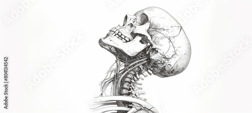 A detailed black and white line drawing of the head, neck, spine, and skull in profile view with the lower jaw visible