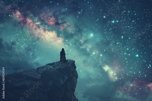 A hooded figure stands at the edge of a cliff  silhouetted against the backdrop of a star-strewn sky  meditating upon the mysteries of the zodiac.