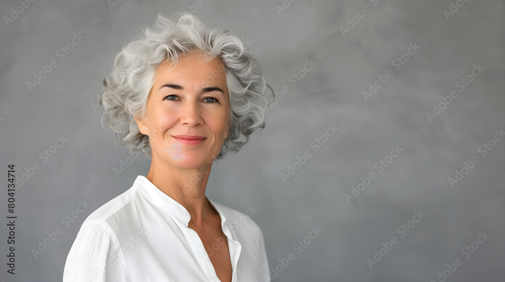 Stylish senior woman with grey hair in a white shirt smiling and looking at the camera , grey background