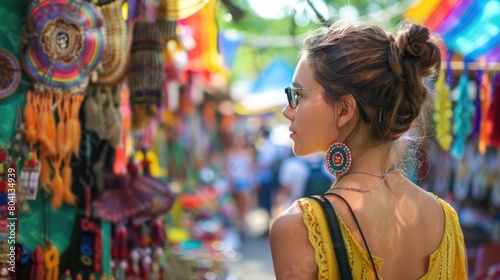 A woman adorned with earrings is enjoying the colorful display at a market in the city. Her fashion accessories add a touch of glamour to the vibrant event, attracting a crowd of onlookers AIG50