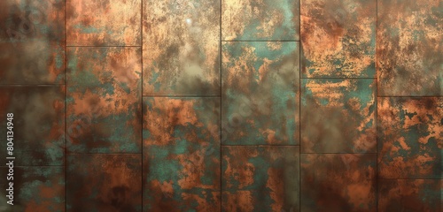 A metallic, copper wall background, its surface lightly patinated to reveal verdigris accents.