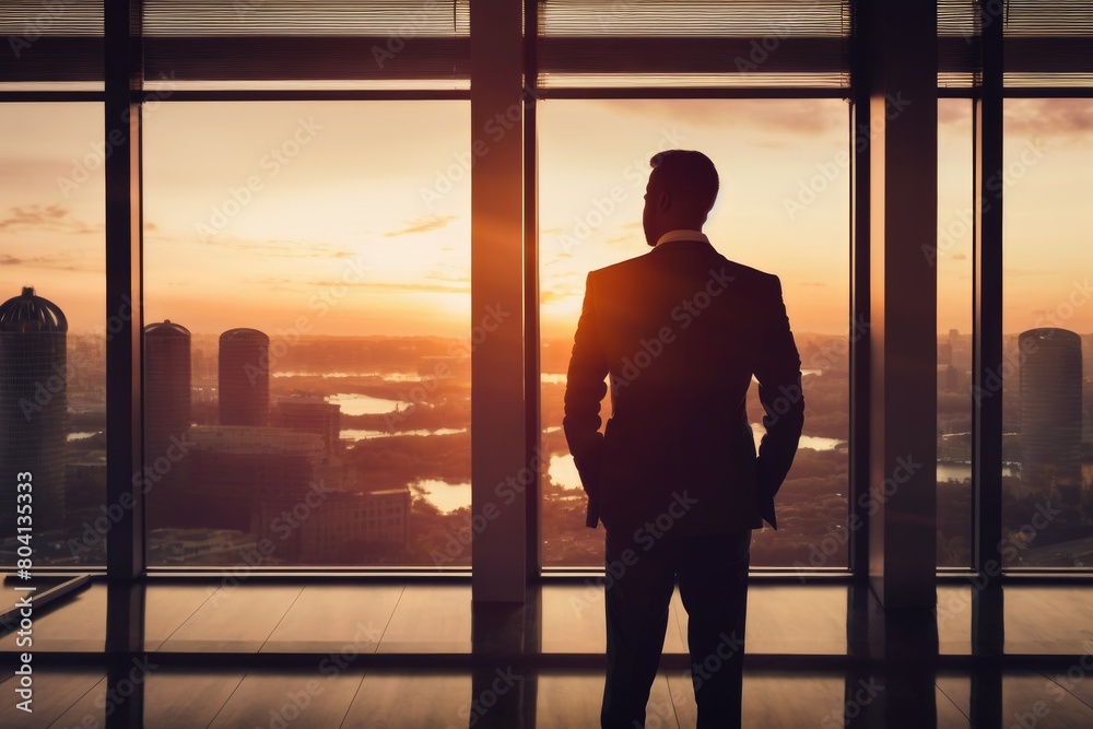 Back View of the Businessman in His Office Looking out of the Window