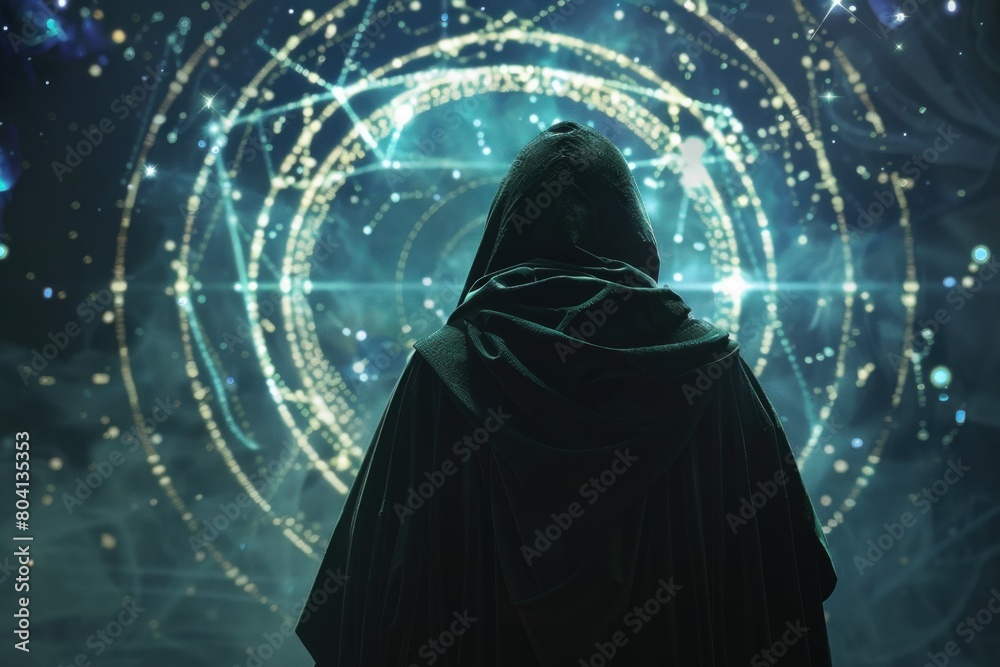 A mysterious figure cloaked in shadows gazes at the stars, each representing a different zodiac sign.