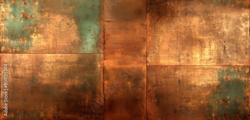 A metallic, copper wall background, its surface lightly patinated to reveal verdigris accents. photo