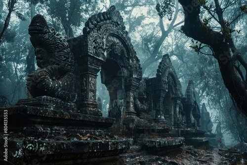 A mystical forest, shrouded in darkness, conceals ancient ruins adorned with carvings depicting the zodiac signs, a testament to forgotten lore.