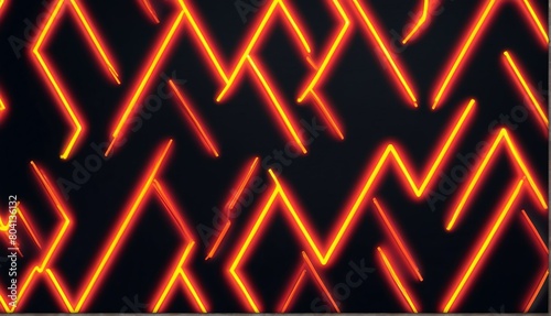 red and yellow neon glowing bright zigzag lines on black luxury smooth shiny metal background from Generative AI