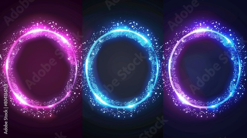 Modern illustration set of retro futuristic ring borders with TV color bugs and digital distortions. Abstract geometric holographic border.