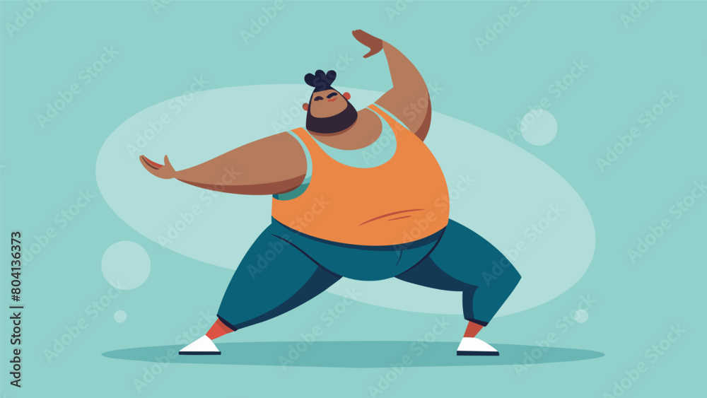 A man of larger build strutting his stuff in a hip hop inspired body positive dance class proving that size is no limitation to grooving with rhythm. Vector illustration
