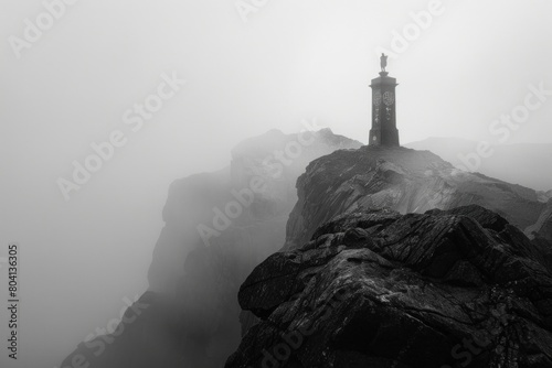 A solitary tower rises above the mist-shrouded landscape, its spire adorned with the symbols of the zodiac, a beacon of hope amidst the darkness for those who seek enlightenment.