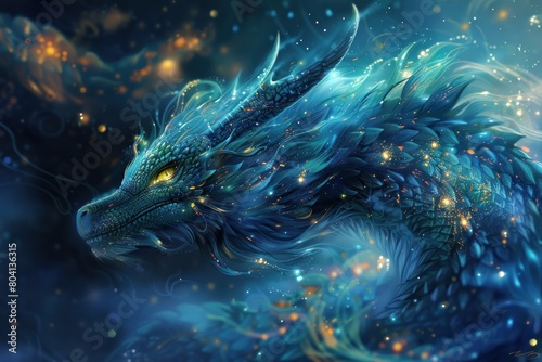 A spectral dragon, its scales shimmering with otherworldly light, soars through the night sky, tracing patterns amongst the stars that mirror the constellations of the zodiac