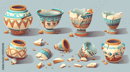 Ancient ceramic and terracotta handcrafted tableware with broken and cracked patterns decorated with traditional greek patterns. Cartoon modern illustration set.