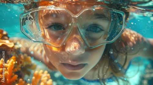 A young girl with diving equipment and a mask is exploring the underwater environment, swimming in the ocean to observe marine organisms and practice underwater diving AIG50 © Summit Art Creations