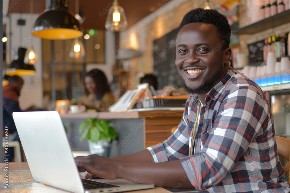 Cheerful African Man Working on Laptop in a Cozy Cafe, Showcasing Modern Remote Work Lifestyle Cheerful African Man Working on Laptop in a Cozy Cafe, Showcasing Modern Remote Work Lifestyle