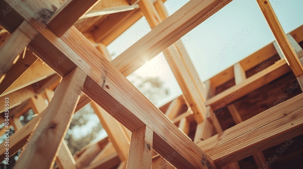 Close-Up View of New Wooden Frame Construction on a Sunny Day Close-Up View of New Wooden Frame Construction on a Sunny Day
