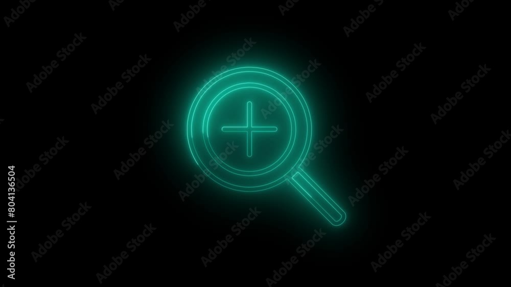 Zoom out magnifying glass neon icon. Futuristic laser background.