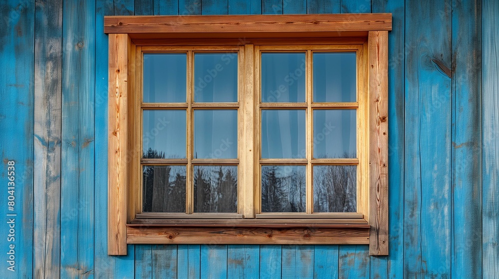 Close-Up of a Sunlit Window in Fresh Wooden Framing on a Striking Blue House Close-Up of a Sunlit Window in Fresh Wooden Framing on a Striking Blue House