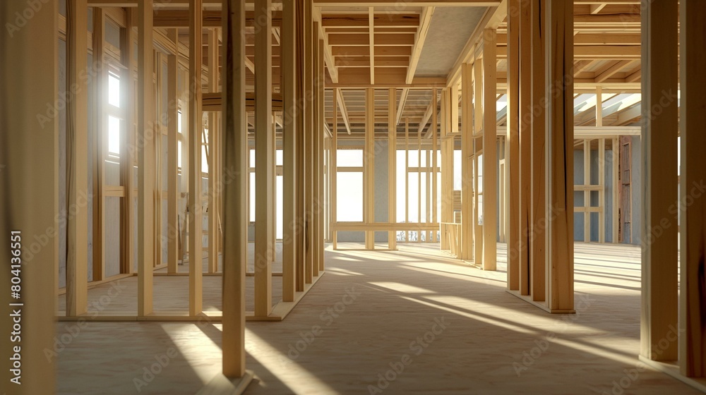 Bright Sunlight Illuminates New Wooden Home Frame In Construction