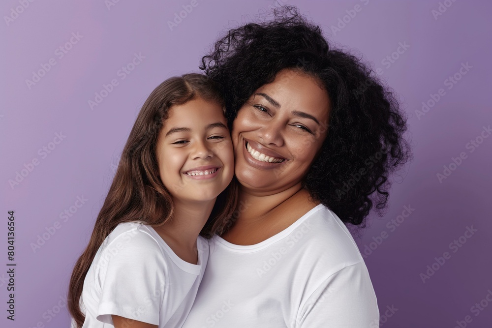 Joyful Plus-Size Mother and Daughter Sharing a Loving Embrace in a Studio