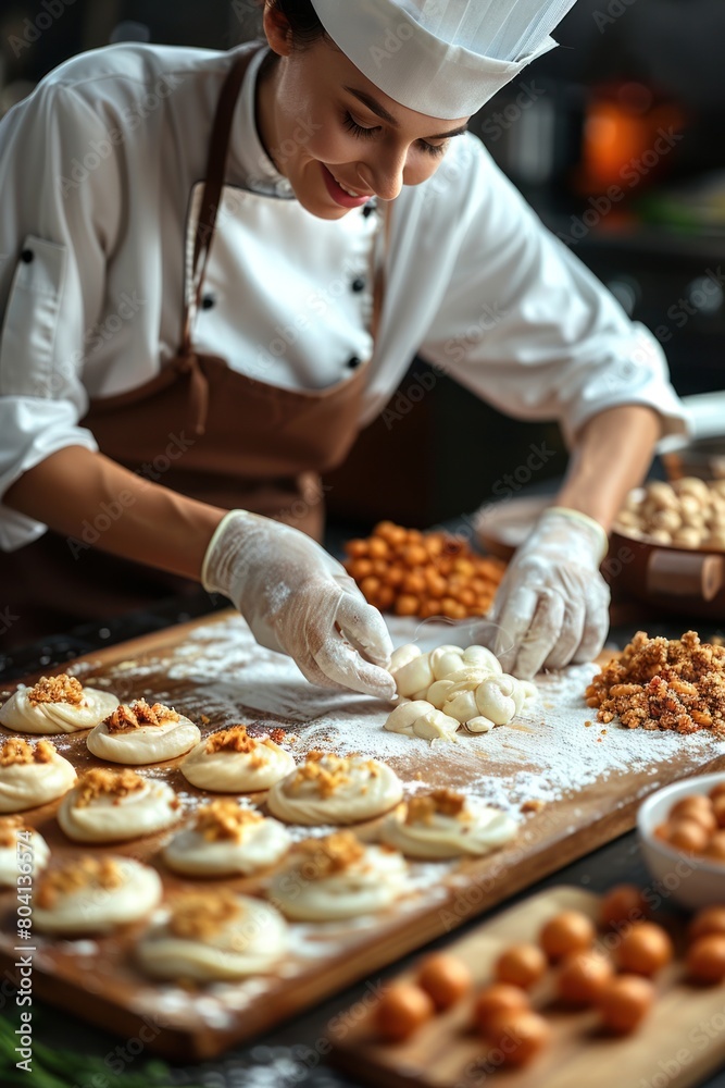 A man in a chefs hat actively preparing food