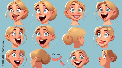 This is a cartoon modern illustration set of young female character face with tongue and lips positions during talking and pronouncement of the English alphabet. photo
