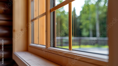 Close-up View of a New Window Frame in a Wooden House  Fresh and Modern