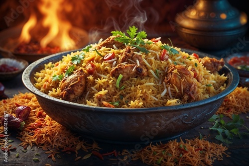 Delicious Spicy chicken biryani cuisine in a shiny silver bowl, authentic Indian food, serving fancy food in a restauran