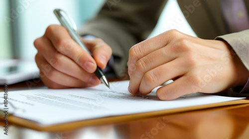Two Business Professionals Signing a Contract in an Office Environment